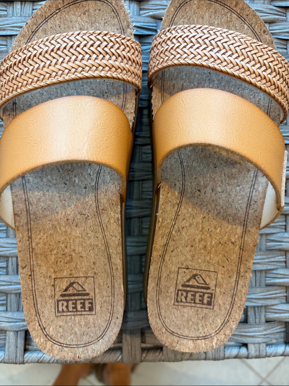 Reef Women's Tan Slide Sandals with Woven Accent